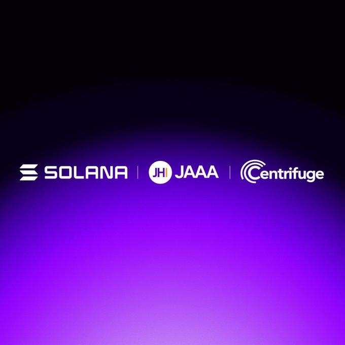 The image features a purple background with white text that reads "Solana JAAA Centrifugate @Ethena has invested $JAAA through @centrifuge, continuously driving the on-chain transformation and broader application of this leading investment-grade credit". The text is arranged in a vertical line.