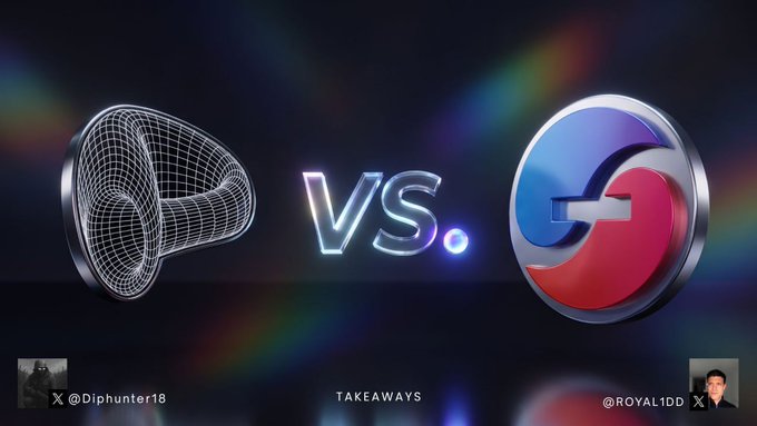 A dramatic "VS" promotional graphic comparing f(x) Protocol's wireframe logo on the left with Curve Finance's red and blue logo on the right, set against a dark background with rainbow light streaks. The image, credited to @Diphunter18 and @ROYALDD, illustrates the DeFi showdown between f(x)'s xPOSITIONs leveraged exposure products and Curve's Llamalend.