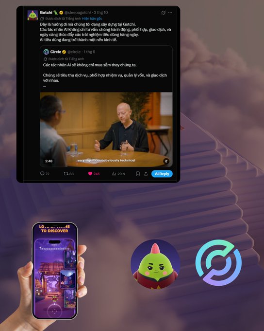 A Twitter/X post by Gotchi (@sleepegotchi) with Vietnamese text about 'Tổng hợp AI' trading systems, alongside an image of a smartphone app and the Gotchi mascot logo.