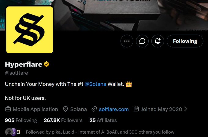 A screenshot of the @solflare Twitter/X profile rebranded to "Hyperflare," showing the account has 267.8K followers, 25 Affiliates, and a yellow verified badge, with the tagline "Unchain Your Money with The #1 @Solana Wallet." The image aligns with the post announcing that Solflare has "entered hypermode" by displaying the newly rebranded Hyperflare name and logo.