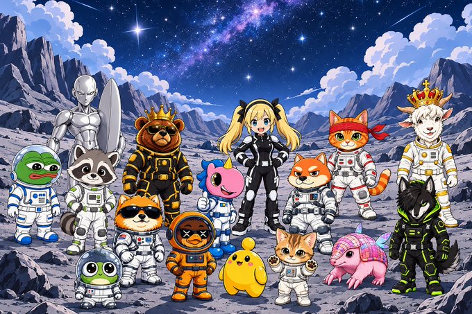 A colorful illustration featuring various cartoon characters in space suits, including bears, cats, an astronaut, and a crowned goat, posed against a starry sky with the Milky Way and mountains.