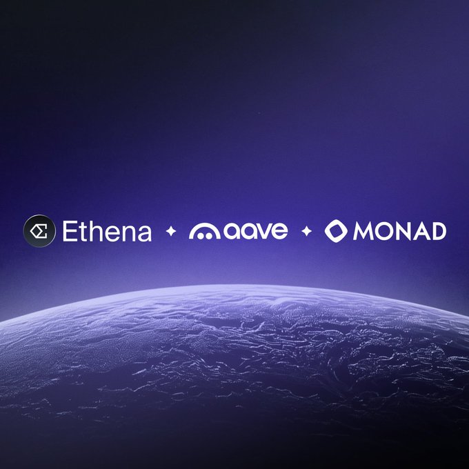 Promotional image with a purple space background showing a planet's curved surface, featuring the logos and names 'Ethena', 'aave', and 'MONAD' displayed in white text.