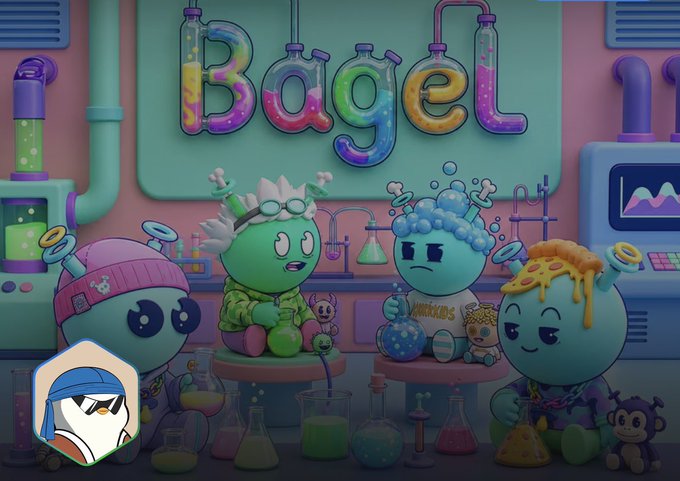 A vibrant cartoon-style digital illustration featuring cute bagel-themed mascot characters in a laboratory setting with the colorful 'Bagel' logo displayed prominently above them.