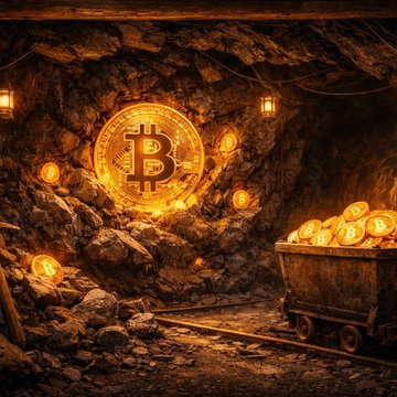 A glowing Bitcoin emblem is embedded in a rocky cave wall alongside scattered Bitcoin coins and a mine cart, symbolizing the hunt for digital wealth. The imagery of mining aligns with the post's discussion of publicly traded Bitcoin miners facing a $50B funding gap as they pivot toward AI expansion.