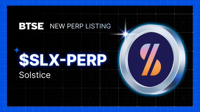 The image features a blue banner with white text that reads "New Perp Listing" followed by an image of a silver coin labeled "SLX-PERP". The text also includes the words "solstice", which could be related to the cryptocurrency or the event being advertised.