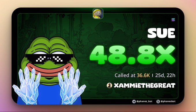 A Pepe the Frog meme character wearing pixelated sunglasses and icy blue skeleton hands appears on screen with the text 'SUE 48.8X' and 'Called at 36.6K | 25d, 22h' alongside the username 'XAMMIETHEGREAT'.