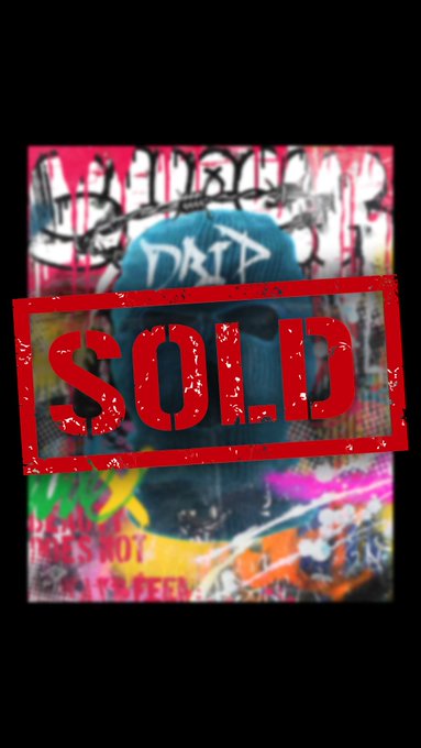 A vibrant, graffiti-style digital artwork featuring a hooded figure with "DRiP" on the hood is overlaid with a bold red "SOLD" stamp, indicating the NFT was purchased from the DRiP Haus store and collected by @BurlyDresser.