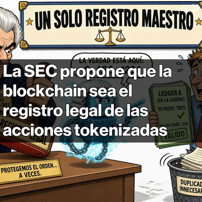 A Spanish-language cartoon illustration with the caption 'La SEC propone que la blockchain sea el registro legal de las acciones tokenizadas' (The SEC proposes that blockchain be the legal registry for tokenized stocks).