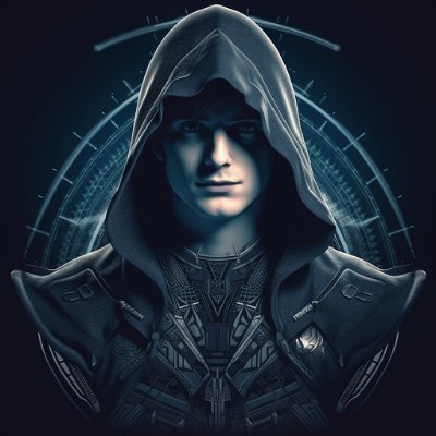 A dark, cinematic portrait of a hooded figure with an intricate collar and a mysterious circular emblem in the background.
