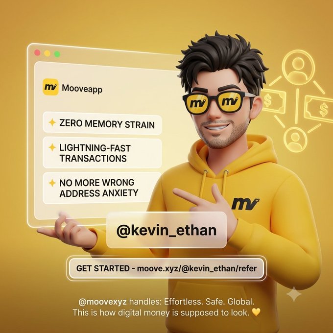 A 3D cartoon character in a yellow Mooveapp hoodie pointing to a window showing features like 'ZERO MEMORY STRAIN', 'LIGHTNING-FAST TRANSACTIONS', and 'NO MORE WRONG ADDRESS ANXIETY', with text mentioning @kevin_ethan and @moovexyz.