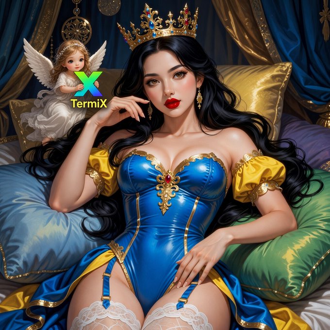 A digital illustration of a woman with long flowing black hair wearing an ornate blue and gold corset with a crown, sitting among luxurious pillows, with an angel cherub and a 'TermiX' watermark featuring a multicolored 'X' in the background.