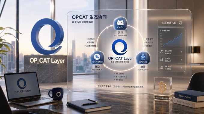 A modern workspace featuring a translucent holographic display labeled "OP_CAT Layer" showcases the OP_CAT ecosystem with interconnected nodes like "CatGo," "Tea On-chain," and "SatSwap," alongside a rising "生态价值" (ecosystem value) chart and "$CAT20" branding, visually illustrating BTCFi infrastructure for sustaining liquidity and incentivizing token operations post-launch.