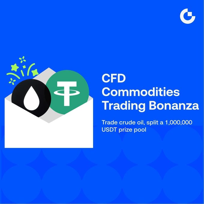A blue promotional graphic for a "CFD Commodities Trading Bonanza" featuring an illustrated white envelope with a black oil drop icon and a green USDT ticker coin, alongside a brand logo in the corner, advertising a 1,000,000 USDT prize pool for trading crude oil and other commodity CFDs.