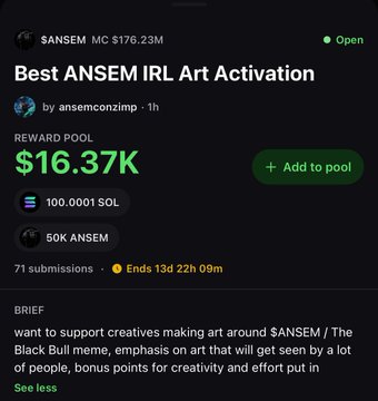 Mobile screenshot of a contest titled "Best $ANSEM IRL Art Activation" by ansemconzimp with a reward pool of $16.37K (100.0001 SOL, 50K $ANSEM) and 71 submissions.