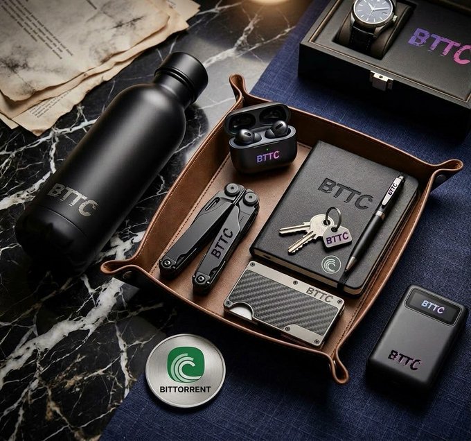 A promotional display of BTTC (BitTorrent) branded merchandise arranged on a leather tray and marble surface, including a water bottle, watch, wallet, multi-tool, earbuds, carbon fiber card holder, power bank, and the green BitTorrent logo coin.