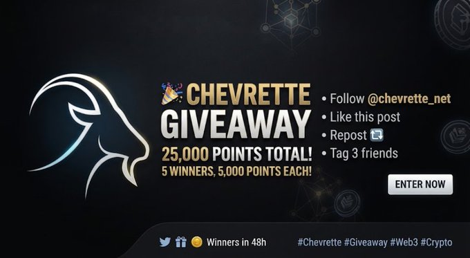 A promotional graphic for a 'CHEVRETTE GIVEAWAY' offering 25,000 points total to 5 winners (5,000 points each), with instructions to follow @chevrette_net, like, repost, and tag 3 friends, under hashtags #Chevrette #Giveaway #Web3 #Crypto.