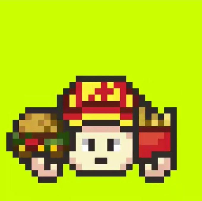 Pixel art of a character with a yellow and red mushroom-like cap and a burger, displayed on a bright green background.