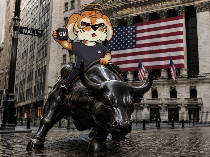 A cartoon tiger with a halo, wearing a "GM" shirt, rides the iconic Charging Bull statue in front of the New York Stock Exchange with a large American flag displayed behind it, symbolizing bullish optimism and the "let's ride the bull to Valhalla" sentiment toward the stock market.