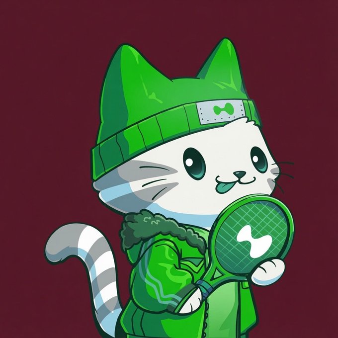 A cartoon white cat wearing a green beanie and jacket holds a tennis racket, styled with the Robinhood brand aesthetic. The image ties to the post's "Robinhood chain" theme by visually representing $CASHCAT as a meme coin character ready to "serve" on its infinity run.