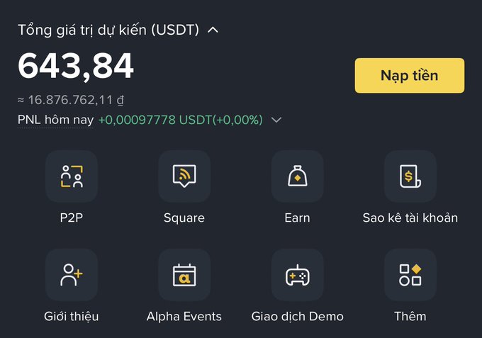 A Vietnamese-language Binance interface showing a total estimated portfolio value of 643.84 USDT (≈ 16,876,762.11 VND) with menu options including P2P, Square, Earn, and Alpha Events.