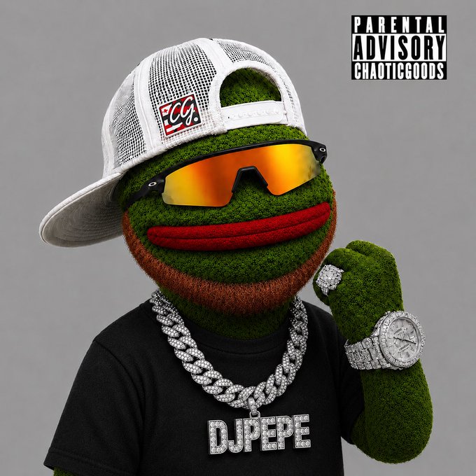 A digital artwork of a green, moss-textured Pepe character wearing a white trucker hat with 'CG' patch, orange mirrored sunglasses, a 'DJPEPE' diamond chain, and diamond-encrusted ring and watch; a 'Parental Advisory ChaoticGoods' logo is in the top right corner.