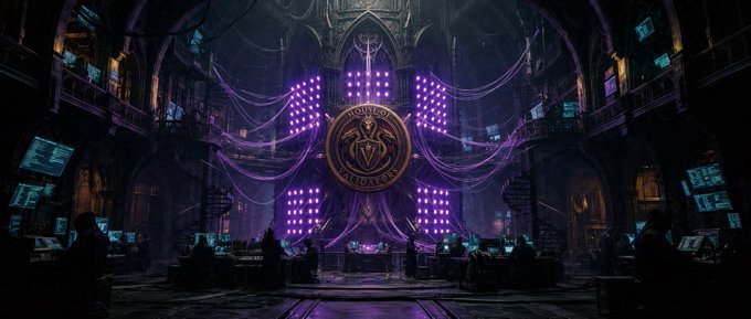 A dark, gothic-style digital illustration of a grand hall with a central illuminated purple structure displaying a gold emblem, surrounded by shadowy figures working at computer terminals.