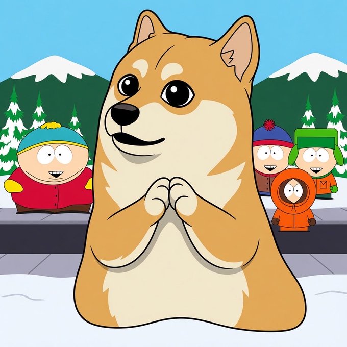 A cartoon image of a Shiba Inu dog in a praying pose in the snow, with South Park characters (Cartman, Stan, Kyle, and Kenny) in winter clothing visible in the background.