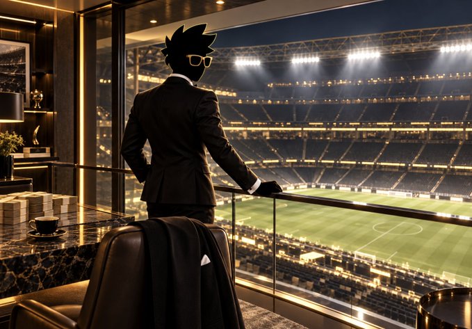 An anime-style illustration of a silhouetted figure in a sharp suit looking out from a luxurious suite onto a brightly lit soccer stadium at night.