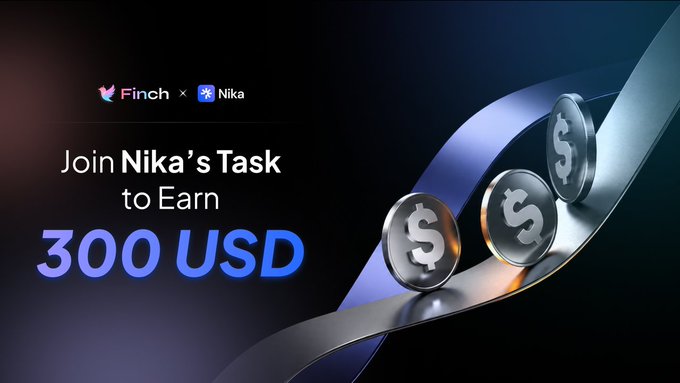 A promotional graphic reading 'Finch x Nika - Join Nika's Task to Earn 300 USD', featuring silver dollar coins sliding down a metallic ribbon.