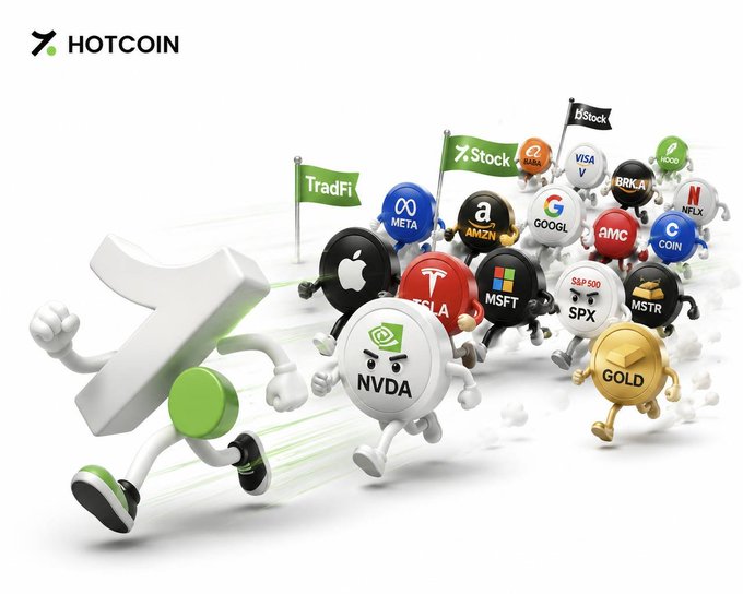 The image is a promotional graphic from Hotcoin featuring a large "X" mascot character running alongside a stampede of spherical cartoon characters labeled with stock and crypto tickers like AAPL, TSLA, NVDA, MSFT, GOOGL, AMZN, META, COIN, HOOD, BABA, V, BRK.A, AMC, MSTR, SPX, GOLD, and NFLX, carrying flags marked "TradFi" and "xStock." It visually represents Hotcoin's new xStocks product, which offers tokenized versions of major TradFi assets trading alongside crypto.