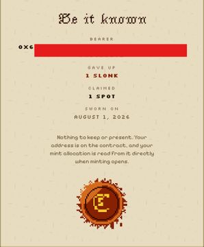 An "Ox..." token certificate awarded by @Mancer (Twitter: @MichaelHirsch), giving 1 $SLONK to 1 spot on August 1, 2026, with instructions noting the address is in the contract and the mint allocation is read from it directly upon minting—a likely reference to burning a token (Ox...) to secure a guaranteed mint spot for the Mancer launch, built on Anvil and partnered with Clutch Markets.