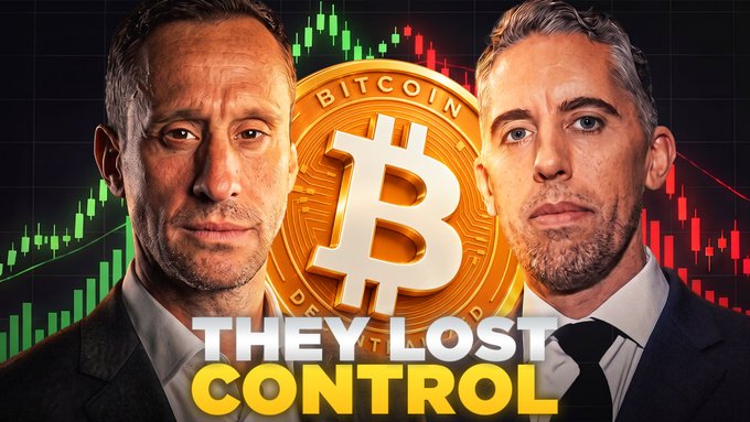 The image features two men in suits flanking a large golden Bitcoin emblem with candlestick charts in the background, captioned "THEY LOST CONTROL," promoting a YouTube discussion about Bitcoin dropping following a $6 billion Treasury bond rescue effort.