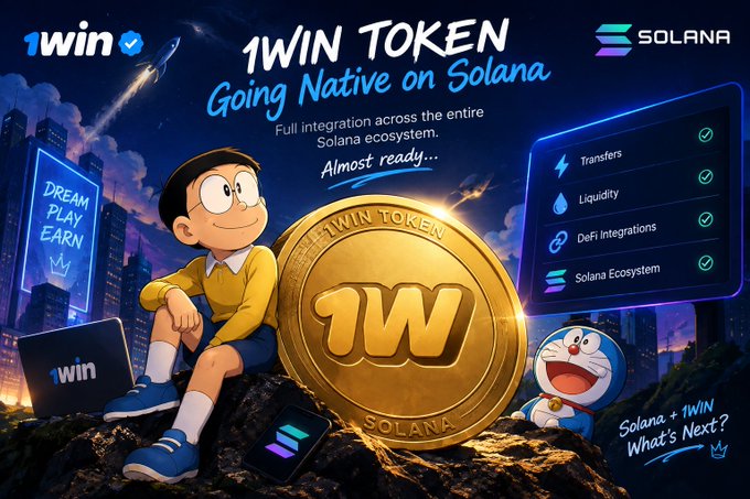 Promotional graphic announcing '1WIN TOKEN Going Native on Solana,' featuring the character Nobita, a large gold '1W' coin, a Doraemon figure, and checkmarks for Transfers, Liquidity, DeFi Integrations, and Solana Ecosystem.