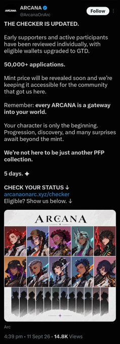 A tweet from 'ARCANA' (@ArcanaOnArc) announcing an update to 'THE CHECKER' for an NFT collection, mentioning 50,000+ applications and displaying illustrations of the character avatars.