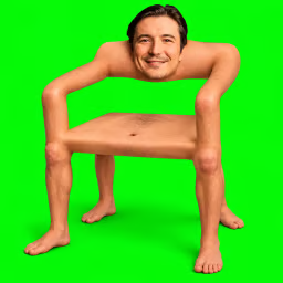 A surreal, distorted figure with a man's head atop a bent body forming a chair shape stands against a bright green screen background, humorously evoking the meme of "sittingting on something" — fitting the post's playful reference to Solana ($SOL) holders "sitting on the RH (Robinhood) chain."