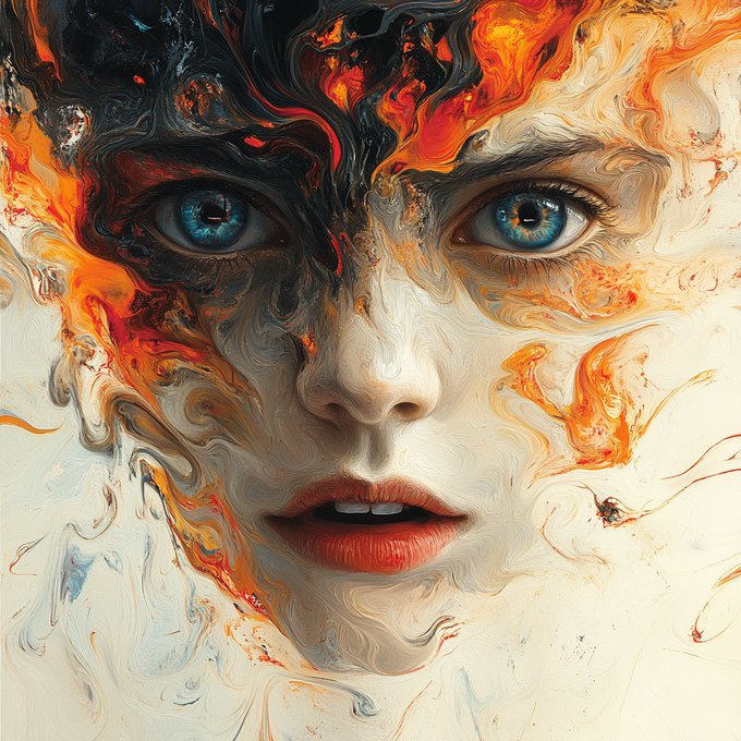 A surreal artistic portrait of a face with striking blue eyes and red lips, composed of swirling patterns of black, white, and fiery orange colors.