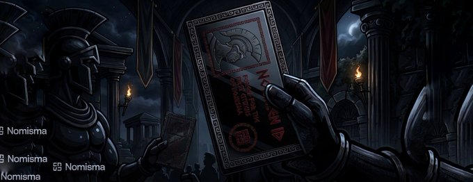 The image features an illustration of a person holding a piece of paper, which appears to be a ticket or pass for something called DeFi. The scene takes place in a dark room with a large stone archway as its backdrop. The title "@NomismaNetwork" is displayed above the image, and there are two other descriptions provided: one reads "@NomismaNetwork", while the other says "focus on what is in the image".