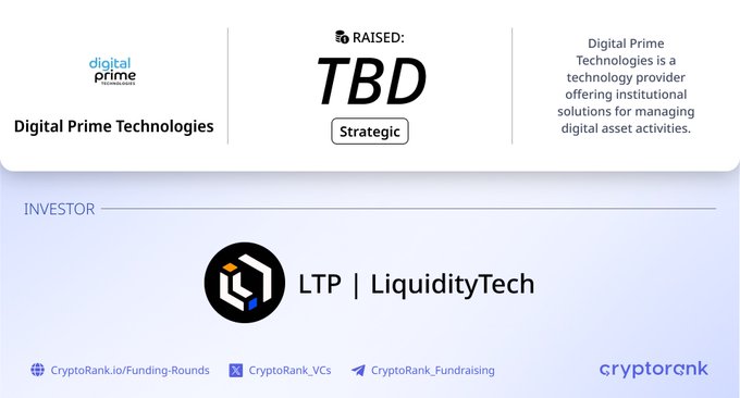 A CryptoRank funding infographic showing Digital Prime Technologies (a technology provider offering institutional solutions for managing digital asset activities) raised TBD in a Strategic round, with LTP | LiquidityTech listed as the investor.