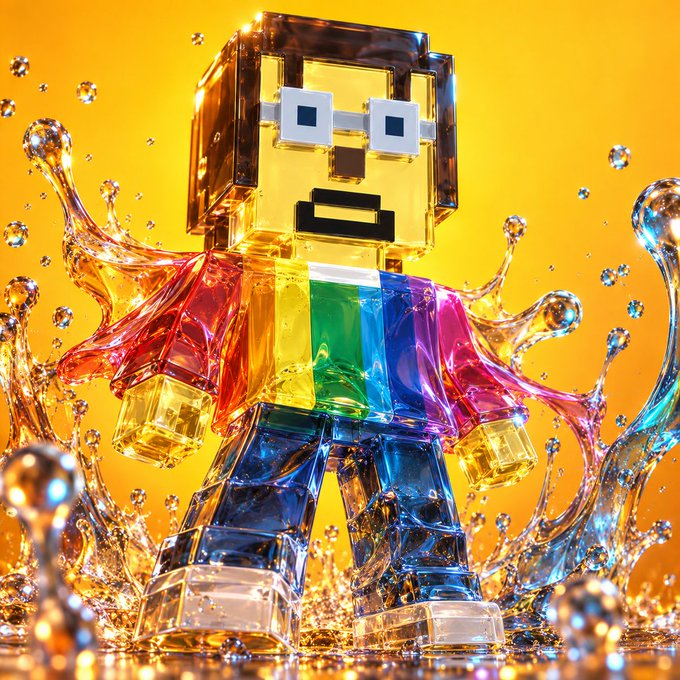 A translucent, colorful blocky robot figure wearing pixelated glasses stands against a vibrant orange background surrounded by splashing, crystal-clear liquid droplets.