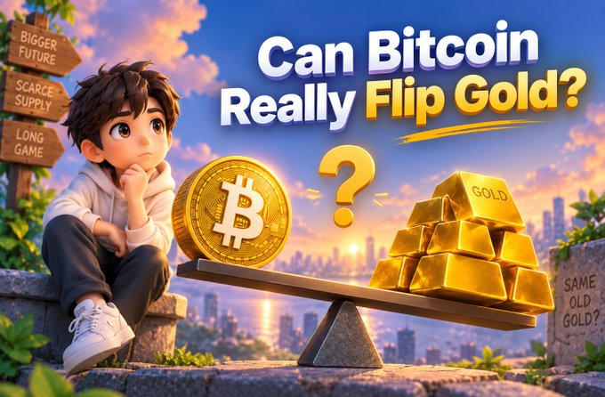 A 3D-illustrated thumbnail shows a thinking boy beside a balance scale weighing a Bitcoin coin against gold bars, with the title 'Can Bitcoin Really Flip Gold?'