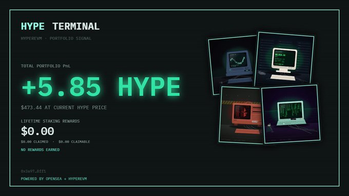 Crypto dashboard titled 'HYPE TERMINAL' showing a total portfolio PnL of '+5.85 HYPE' ($473.44), powered by Opensea and HyperEvm.