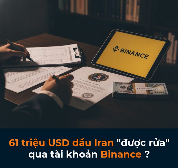A Binance-related promotional image shows a person signing documents next to a stack of $1,000,000 USD bills and a tablet displaying the Binance logo, with Vietnamese text asking about 61 million USD being 'laundered' through Binance accounts.