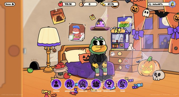 Colorful virtual pet game room decorated for Halloween, with a green frog avatar seated on a purple couch and menu labels including “PROFILE,” “ADVENTURES,” “TRANKY GO,” “ACHIEVIEV,” “ACHIEVEMENTS,” and “TRADE.”