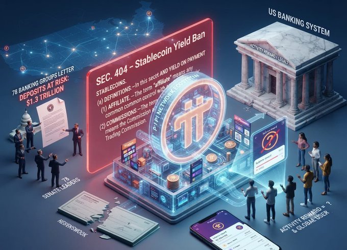 A digital illustration depicts the regulatory standoff over stablecoin rewards, featuring a glowing red "SEC. 404 - Stablecoin Yield Ban" document alongside a translucent bank building labeled "US Banking System" and a neon "P/P NETWORK" with stacked coins. Surrounding text references "78 BANKING GROUPS LETTER," "DEPOSITS AT RISK: $1.3 TRILLION," and "ACTIVITY REWARD - GLOBAL US$," visually summarizing the banking industry's $1.3 trillion deposit-flight concerns versus crypto advocates' pushback against the proposed CLARITY Act restrictions.