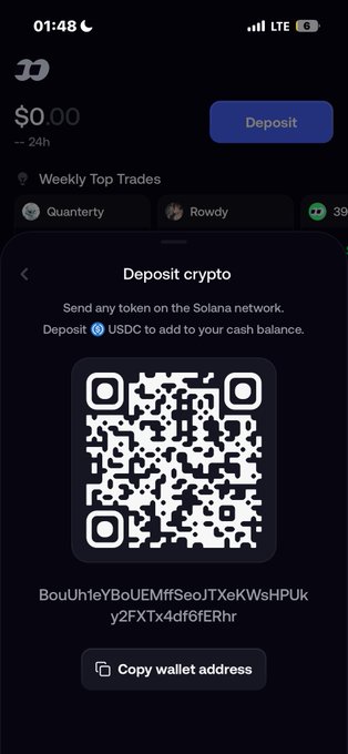 The image shows a crypto deposit screen displaying a QR code and Solana wallet address "BouUhleYBoUEMffSeoJTXeKWsHPUky2FXTx4df6fERhr," matching the post, with instructions to send any token on the Solana network or USDC to add to a $0.00 cash balance.