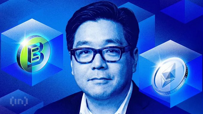 A man wearing glasses is pictured against a blue hexagonal background, flanked by a glowing 'B' coin icon on the left and an Ethereum coin icon on the right, with '[in]' in the bottom corner.