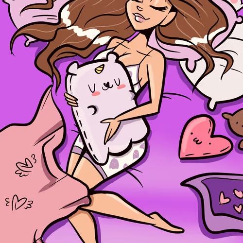 A colorful digital illustration of a brown-haired girl hugging a white, smiling plush toy, with a small pink heart character nearby on a pink background.