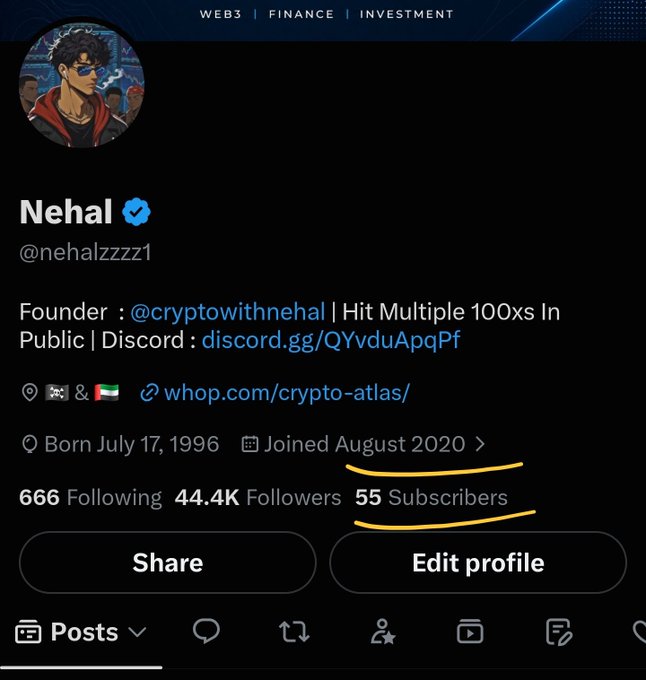 The image shows a Twitter/X profile for "Nehal" (@nehalzzzz1), a crypto founder with 44.4K followers and 55 subscribers, with the "Joined August 2020" date highlighted in yellow. This relates to the post's call to grow from 55 subscribers to 100 by week's end, with Nehal promising 100x-1000x gains as motivation for new subscribers to join.