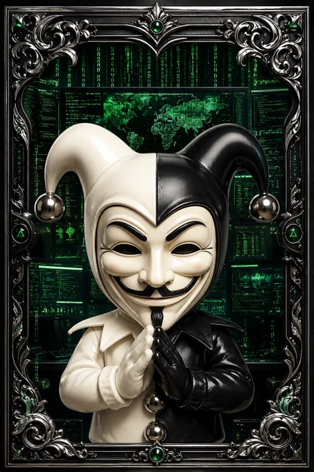 The image showcases a striking jester figure split between white and black halves, wearing an ornate Guy Fawkes-style mask and set against a green Matrix-like digital background framed by an elaborate gothic border. This visually represents the "evolved" version of the Jpeg Joker #3555 NFT, combining classic meme iconography with a cyberpunk/hacker aesthetic that enhances the character's appeal beyond expectations.