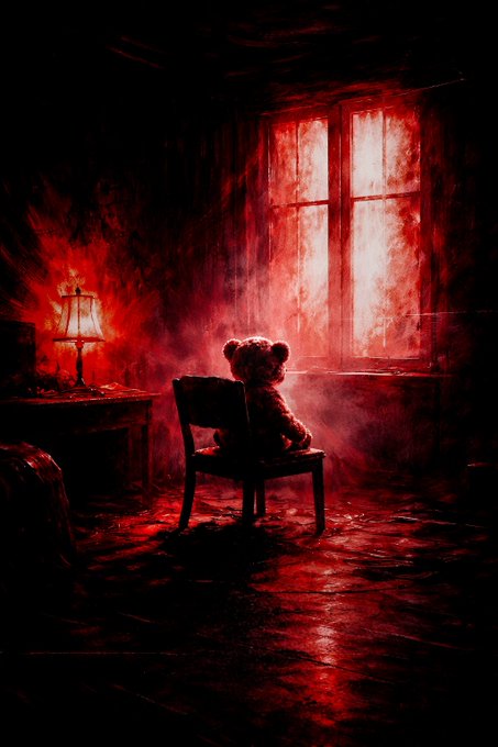 A dark, atmospheric digital illustration of a teddy bear sitting on a chair facing a window glowing with ominous red light in an abandoned, shadowy room.